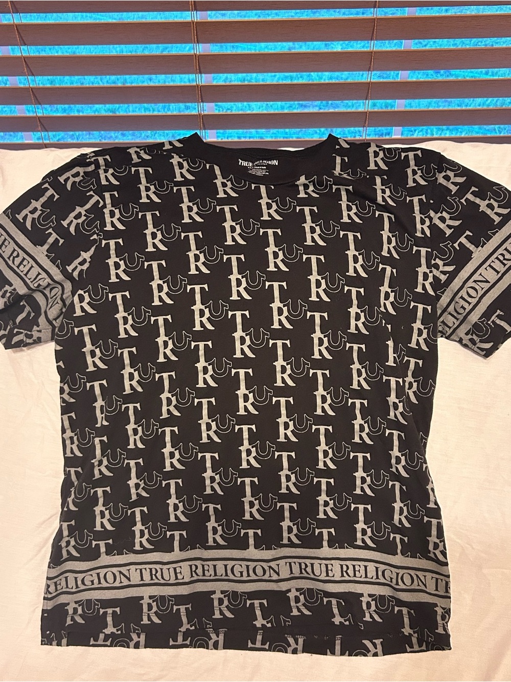 True Religion Black and Gray All-Over Logo Tee